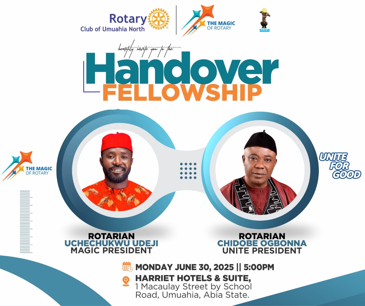 RC Umuahia North Celebrates Seamless Leadership Transition, Highlights Year of Impact…. We Executed 30 Community Projects Across Rotary’s 7 Focus Areas,’ Says Outgoing President Uchechukwu Udeji (Nwa Ghana).