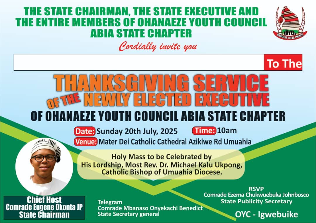 Abia Youth Leaders Urged to Champion Change as Ohanaeze Youth Council Holds Thanksgiving.
