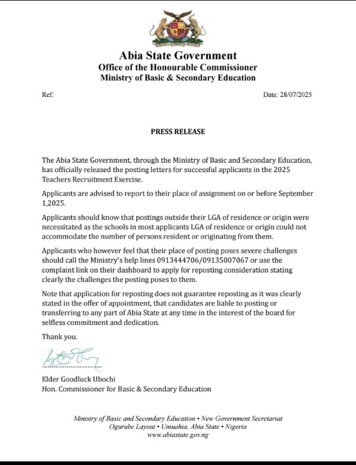 Abia State Deploys Newly Recruited Teachers, Sets September 1 Deadline for Resumption.